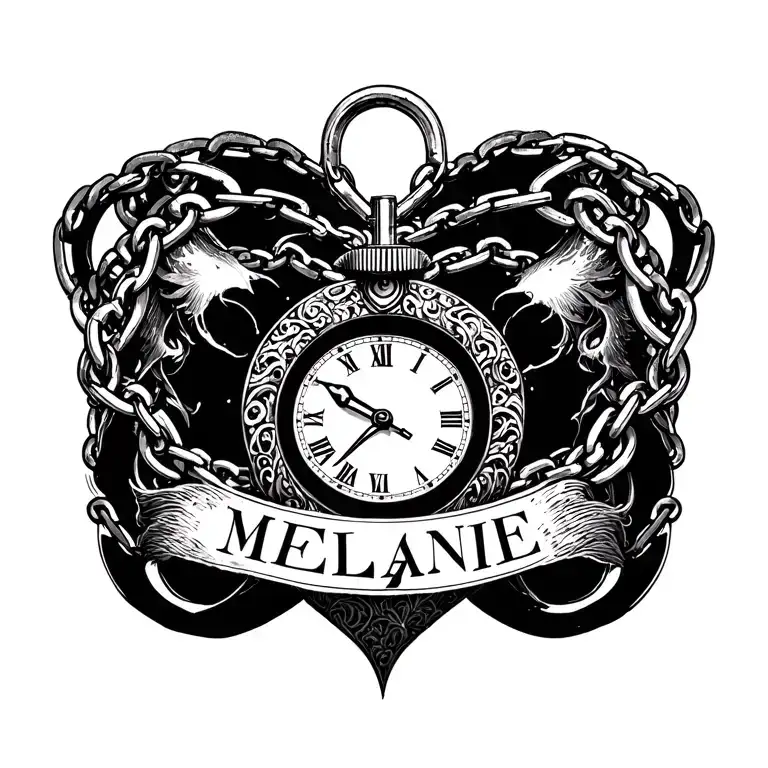 "Mélanie" clock Coeur chain tattoo design idea