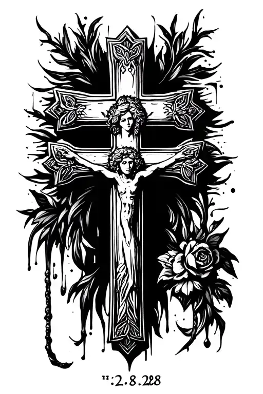 Simple cross with Romans 8:28 on the cross tattoo design idea