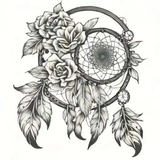 dream catcher with flowers tattoo design idea