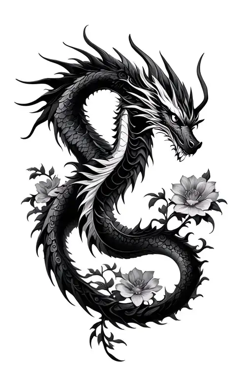 fourth wing Black Dragon with mendhi flowers tattoo design idea