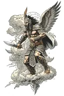 a maori warrior in battle with a giant angel 10 feet tall fighting amoung the clouds with lightning colour3d clouds of p tattoo design idea