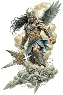 a maori warrior in battle with a giant angel 10 feet tall fighting amoung the clouds with lightning colour3d clouds of p tattoo design idea