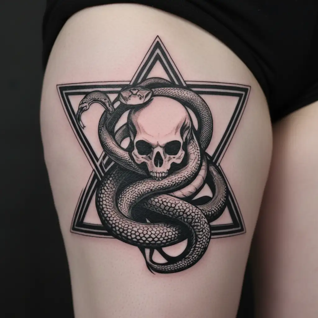 Cranio with a snake in the form of infinity with the triangle of the engineer of life up tattoo design idea