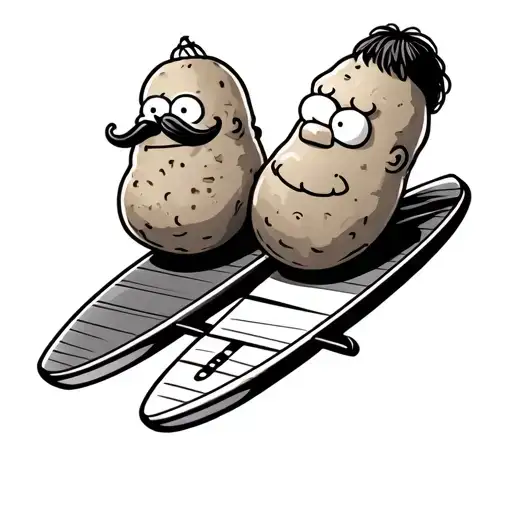 two potatoes on surfboards, one with a moustache, the other with a simpsons bob hairstyle. in cart tattoo design idea