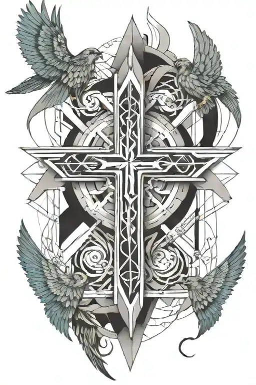 cristian cross with wings and noemi and miguel arcangel combined tattoo design idea
