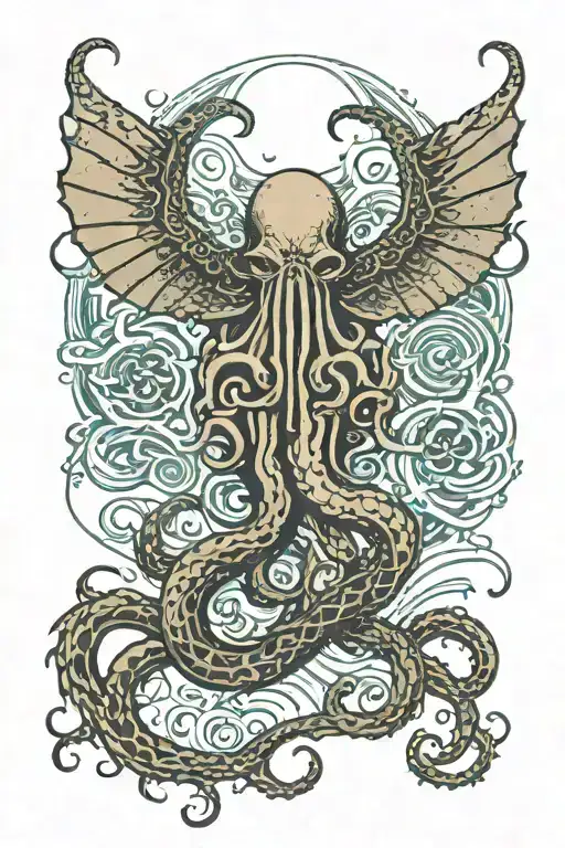 Cthulhu and the Misty Ocean and the Destruction Around the Runes tattoo design idea