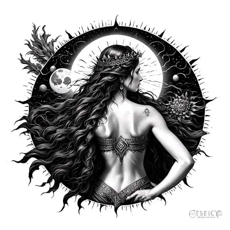 warrior goddess surrounded with sun and moon covering a womens back in black and white   tattoo design idea