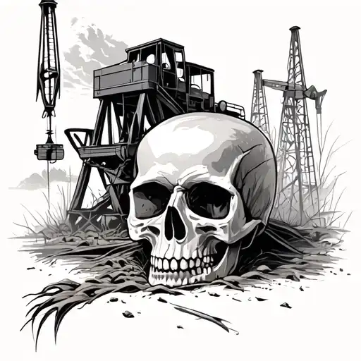 An oilfield landscape with a skull hidden in the background tattoo design idea