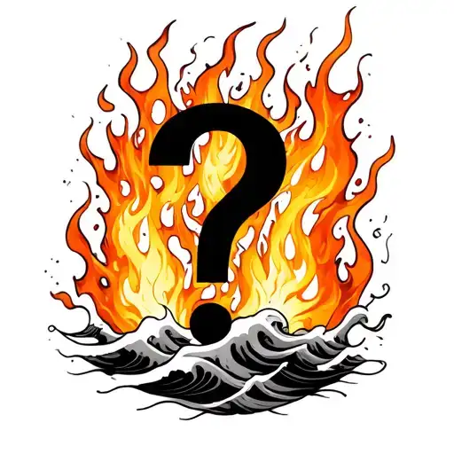 Timeline and question mark merged with flames and waves tattoo design idea