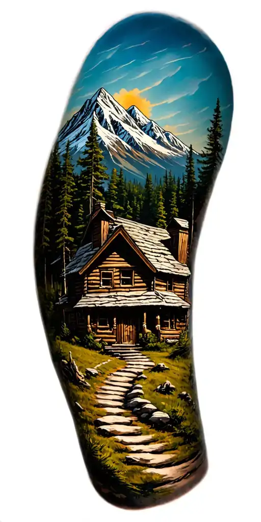 Mountain cabin and trail winding road leading its pack tattoo design idea