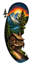 Mountain cabin and trail winding road leading its pack tattoo design idea