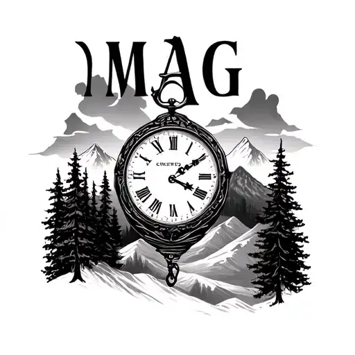 Design a tattoo of a clock face with mountains and trees as the background, highlighting the name MAG tattoo design idea