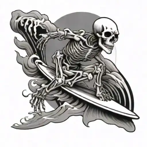 skeleton surfing fine line tattoo design idea