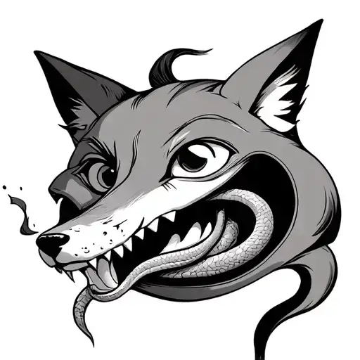 A fox mask with a grin. A snake crawls out of its mouth, all that tongue. One eye behind the hole in the mask is crying, and in the other there is emptiness tattoo design idea