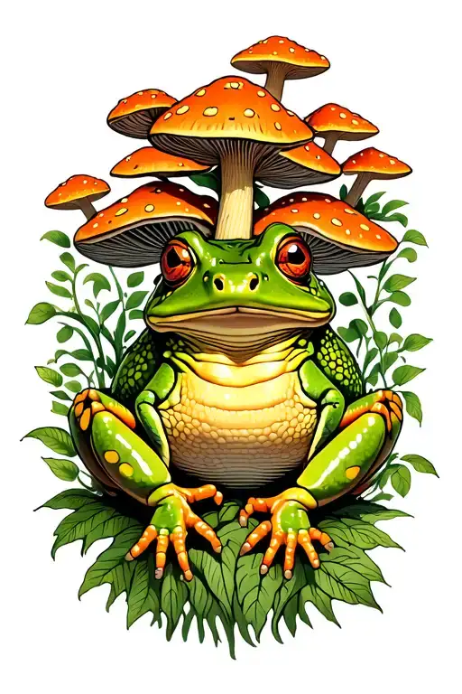 bufo toad on top of magic mushrooms with ayahuasca vines tattoo design idea