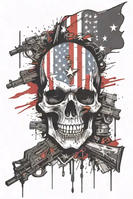 skull american flag morphing, m16 rifle near them tattoo design idea