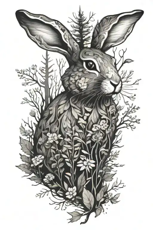 bunny and forest filled tattoo design idea