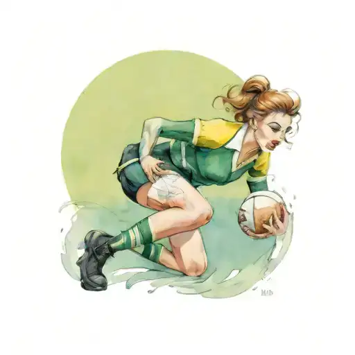 a pin up girl playing rugby in a black green and yellow uniform in the winter tattoo design idea