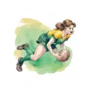 a pin up girl playing rugby in a black green and yellow uniform in the winter tattoo design idea