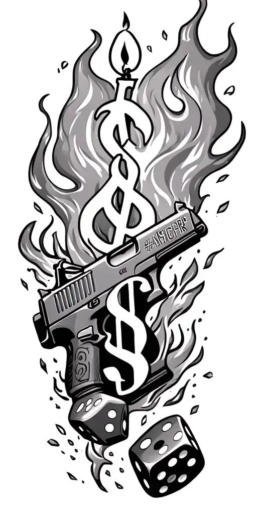 Candle, dollar sign, glock pistol, fire, dices, 'B4L' text gangster font, dice in fire, smoke full arm tattoo design idea