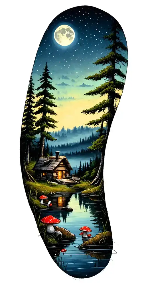 moonlit Forest scene featuring a cabin on a pond surrounded by mushrooms tattoo design idea