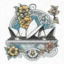 sydney opera house on the center surrounded by aboriginal flowers tattoo design idea