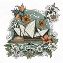 sydney opera house on the center surrounded by aboriginal flowers tattoo design idea