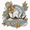 sydney opera house on the center surrounded by aboriginal flowers tattoo design idea