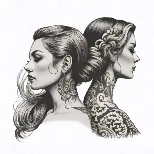 2 lady head profile holding tattoo design idea