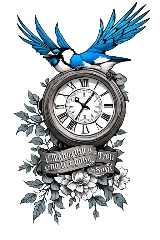 bluejay with clock and words tattoo design idea
