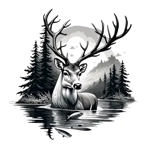 deer And forest and fish swimming gracefully tattoo design idea