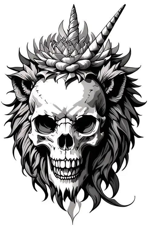 Skull, drakon, Lion, Lotus, unicorn, knife crossed tattoo design idea