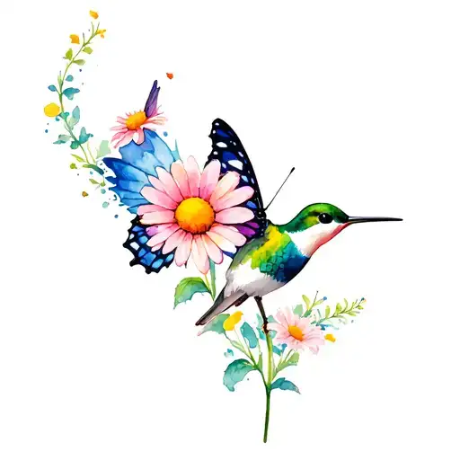 Daisy, water, peace, butterfly, humming bird, seventies flowers tattoo design idea