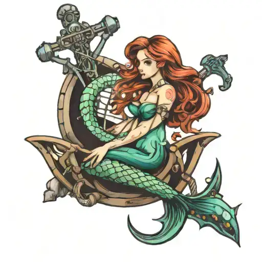 mermaid sitting on anchor tattoo design idea