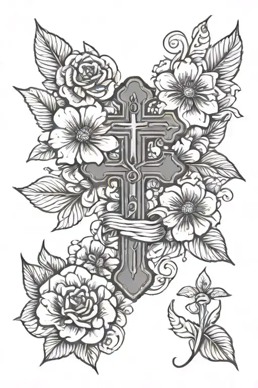 flowers, cross, pennies tattoo design idea