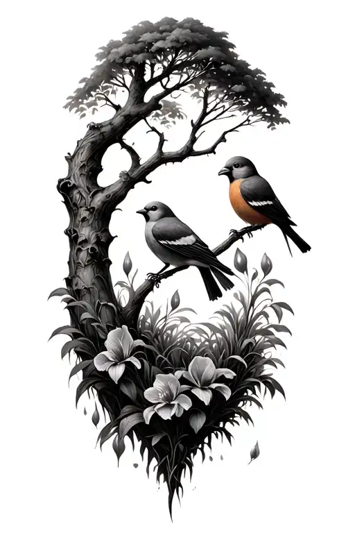 the tree of life growing irises with finches hidden among the trees tattoo design idea