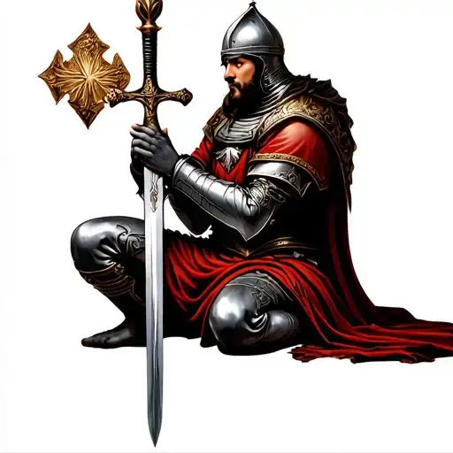 the best Templar knight in prayer with sword on one knee tattoo design idea
