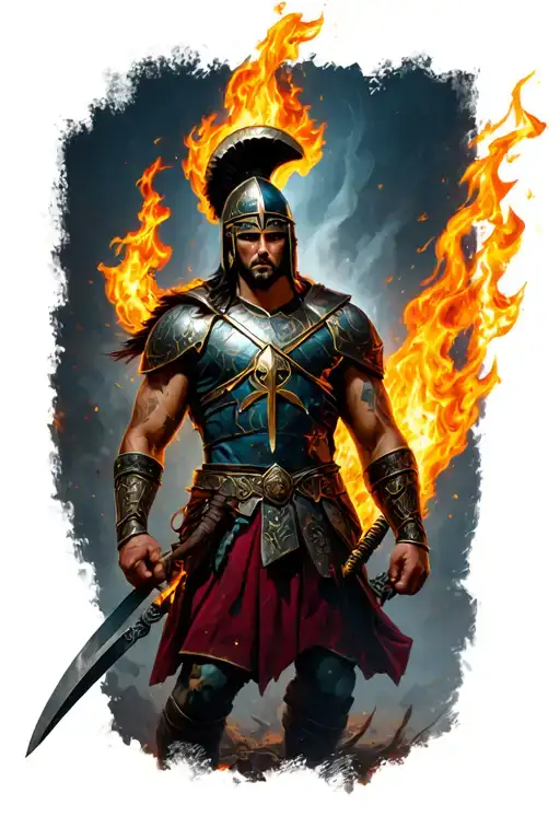 a spartan warrior with fire elements around him tattoo design idea