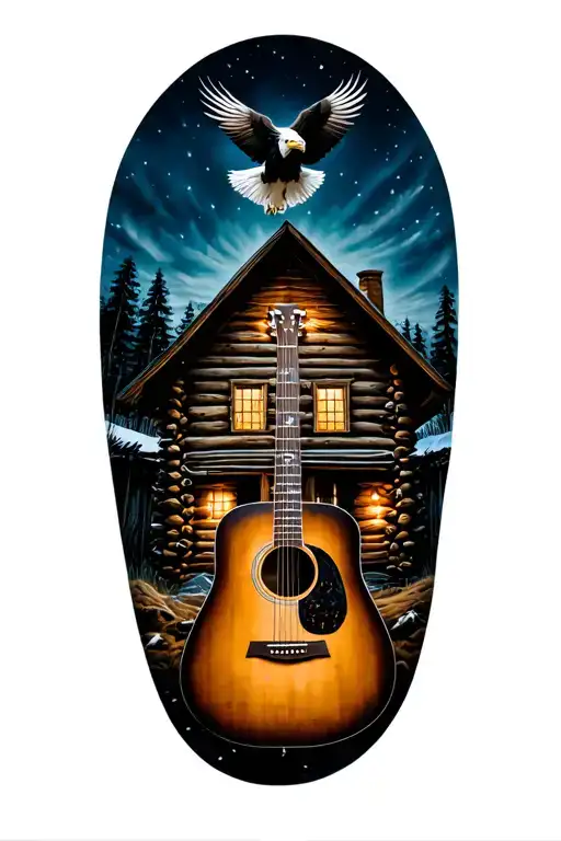 log cabin with an acoustic guitar in front and an eagle perched above. tattoo design idea