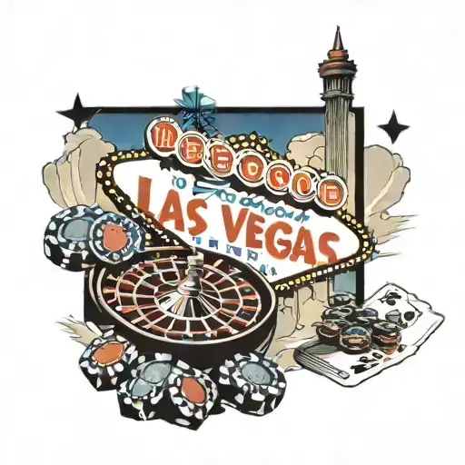 left arm sleeve with the las vegas skyline a roulette table dice and three 7 cards tattoo design idea