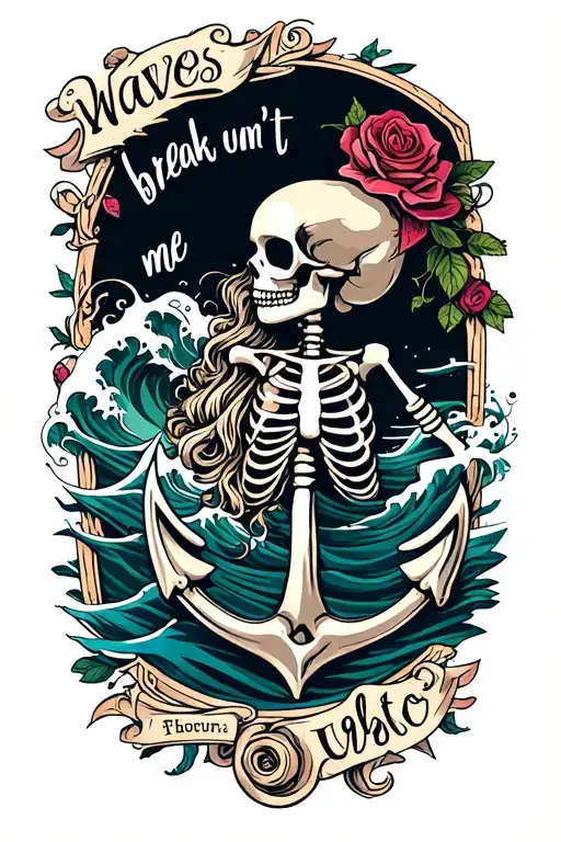 words "Waves won’t break me” waves, ship, anchor, female skeleton, rose tattoo design idea