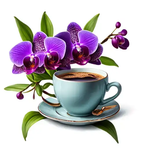 purple orchids with coffee cup tattoo design idea