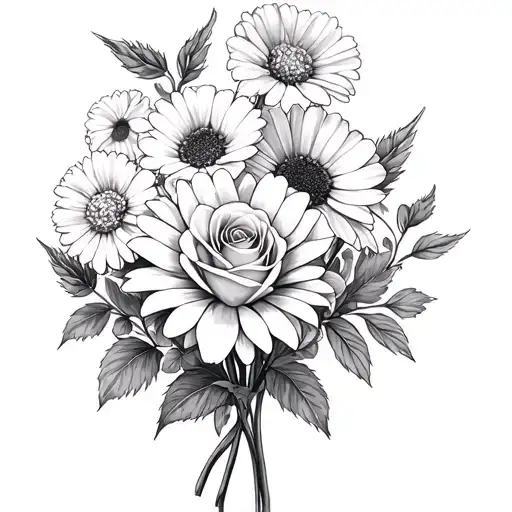 a bouquet of a daisy, rose, and carnation. make it feminine and dainty along with black and gray style tattoo design idea