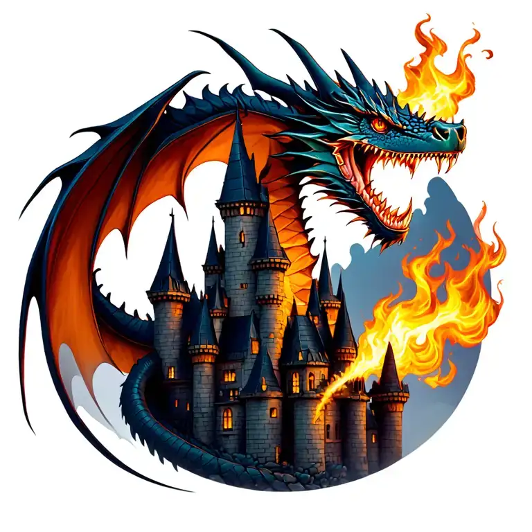 realistic Dragon on a castle blowing flames tattoo design idea