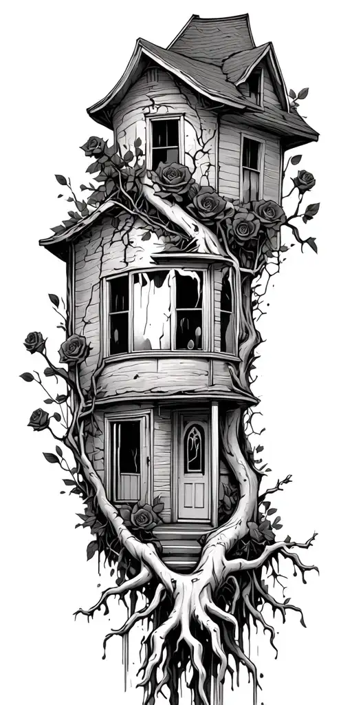 abandoned broken home, tree roots from the chains, roses tattoo design idea