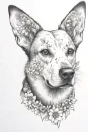 there are 30 tiny sakura flowers around the dogs head tattoo design idea