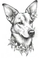 there are 30 tiny sakura flowers around the dogs head tattoo design idea
