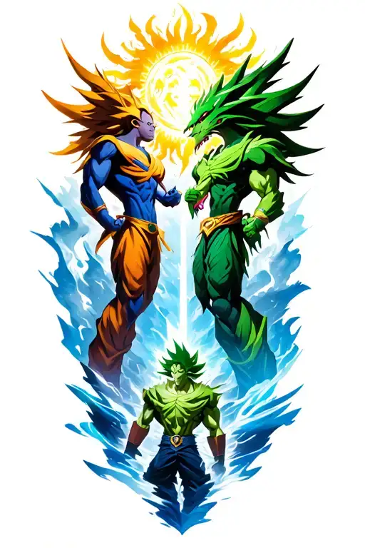 sun god ra, slipher the sky dragon and obelisk the tormentor face off against broly the legendary super saiyan tattoo design idea