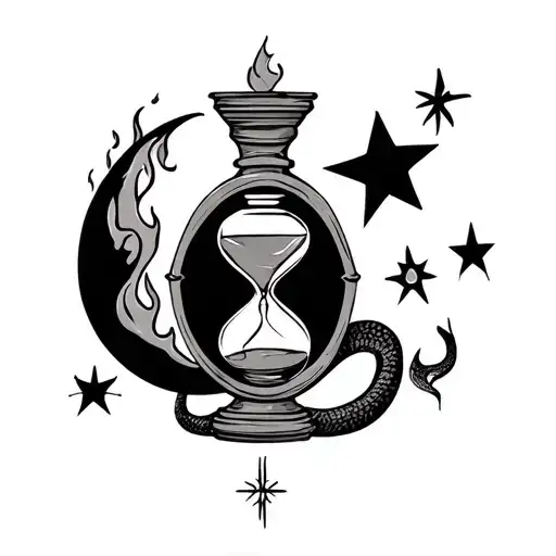 Amor fugit ignis aeternus – Here is my curse Symbols: 🔥 flame · ⏳ hourglass · 🌙 moon · ✨ star · 🐍 snake tattoo design idea