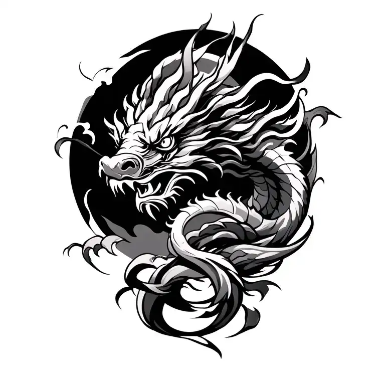 tribal japan and dragon flying away tattoo design idea